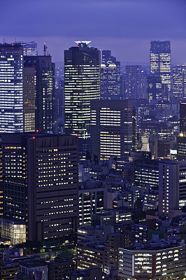 Downtown skyscrapers business district cityscape illuminated neon night Tokyo Japan