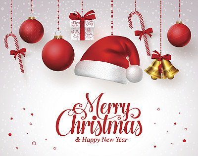 Merry christmas title in red with hanging christmas ornaments