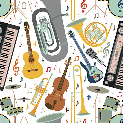 Musical seamless pattern made of different musical instruments, treble clef and notes