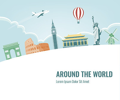 Travel composition with famous world landmarks. Travel and Tourism. Vector.