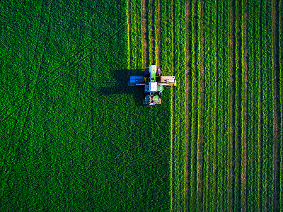 Tractor mowing green field