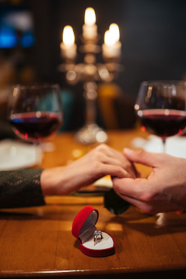 Couple holding hands in a restaurant