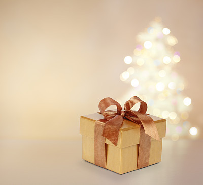 Gold Gift Box And Christmas Lights