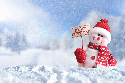 Snowman with a placard Merry Christmas on the snow