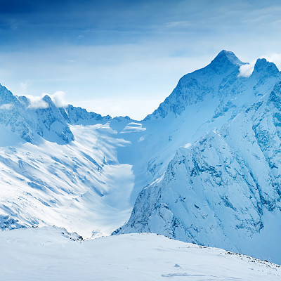 beautiful landscape of Caucasus mountain, covered peaks Dombaj,