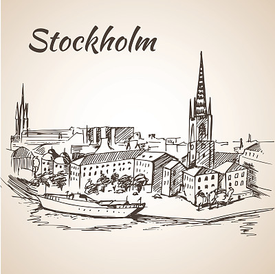 Stockholm, Sweden - city view. Hand drawn ink line pen.