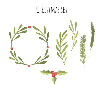 Christmas watercolor set. Beautiful set with Christmas wreath, pine branches, mistletoe and holly isolated on white background