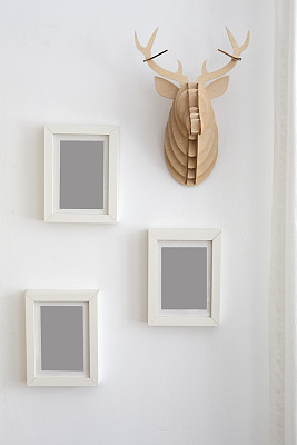 picture frames on wall next to decorative fake antler