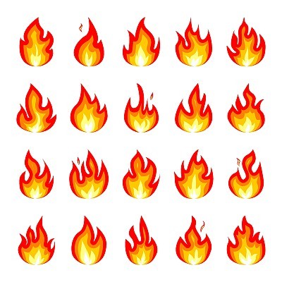 Collection of flat tongues 
of flame isolated on white background. Set icons. Flaming symbols and elements of candle, heat, fire, fireplace, burning, energy. Vector illustration.