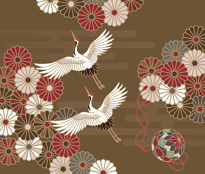 Cranes and chrysanthemums Japanese traditional pattern