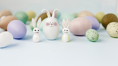Easter still life in pastel colors with eggs and rabbits