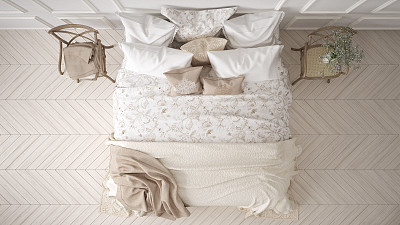 Minimalistic classic bedroom, top view, white interior design