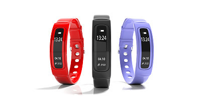 Fitness tracker, smart watch, black, red and blue, isolated on white background. 3d illustration