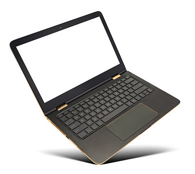 Hovering gold laptop with black screen