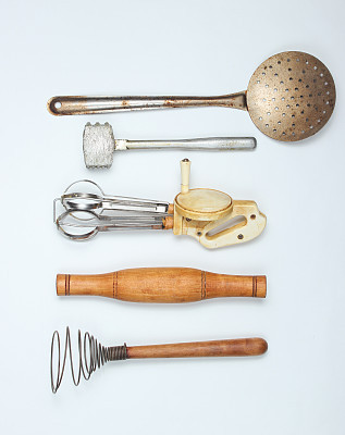 Old kitchen tool on white background. Retro kitchen, vintage cooking tool set. Top view