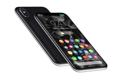 Perspective smartphones with material design flat UI interface front and back sides one above the other