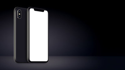 Black rotated smartphones mockup front and back sides