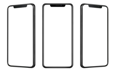 Front and side view of black smartphone with blank screen and modern frame less design isolated on white