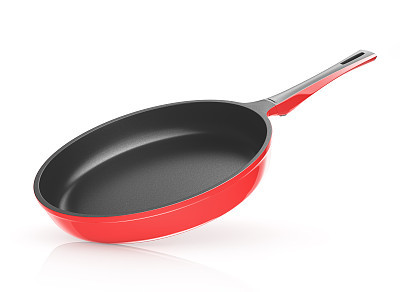 Red frying pan with ceramic coating. 3d illustration