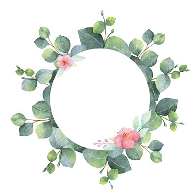 Watercolor hand painted round frame with eucalyptus and pink flowers.