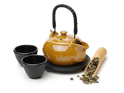 Closeup of chinese tea set on white background