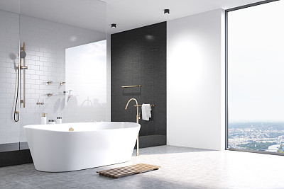 White bathroom with black tiles corner