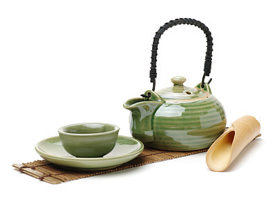 Closeup of chinese tea set on white background
