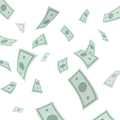 Money falling from above isolated on white background.
