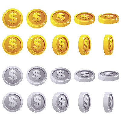 Cartoon set of 3D metallic coins, vector animation game rotation