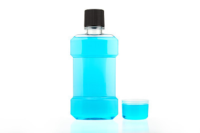 Blue water mouthwash bottle.