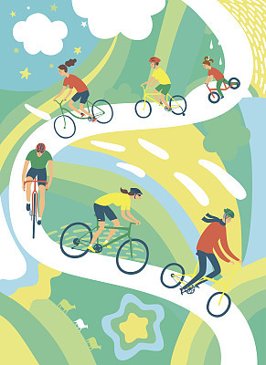 Cyclists  on decorative colorful background
