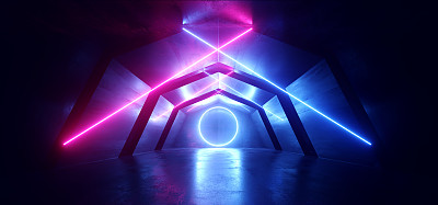 Futuristic Sci Fi Arch Purple Blue Laser Neon Lights Glowing Dark Grunge Reflective Concrete Tunnel Corridor Hallway Alien Spaceship Virtual Reality Empty Background 3D Rendering