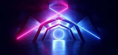 Futuristic Sci Fi Arch Purple Blue Laser Neon Lights Glowing Dark Grunge Reflective Concrete Tunnel Corridor Hallway Alien Spaceship Virtual Reality Empty Background 3D Rendering