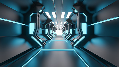 Sci-Fi grunge damaged metallic corridor background illuminated with neon lights 3d render - Illustration