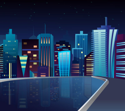 Vector illustration of night cityscape with lake and lights reflection.