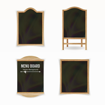 Menu Black Board Vector. Empty Cafe Menu Set. Realistic Wooden Chalkboard Blank Illustration