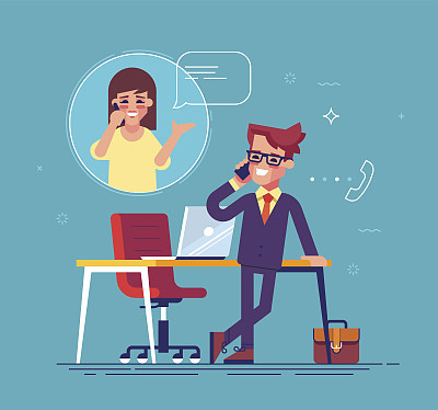 Confident businessman standing cross-legged, leaning on a table and talking on the phone with a woman.  Business contact concept. Vector.