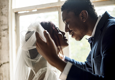 African Descent Groom Open Bride Veil Wedding Celebration