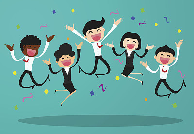 Business team jumping celebrating success. Victory and teamwork concept. flat design elements. vector illustration