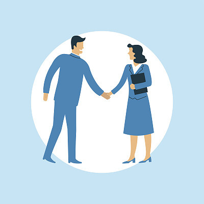Businessman and businesswoman handshake icon. Making a deal, teamwork solution, business partners, successful partnership. Vector Illustration