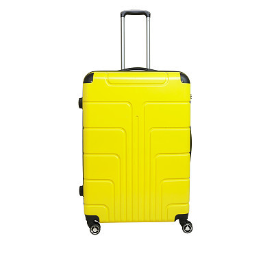 Yellow suitcase isolated on white background. Polycarbonate suitcase isolated on white. Yellow suitcase.
