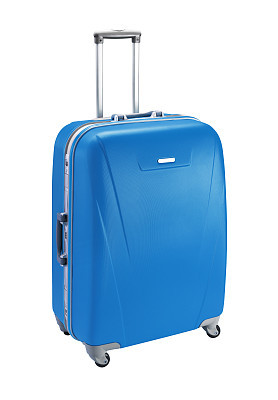 Blue lone suitcase on white background