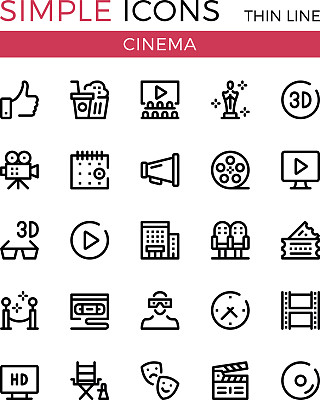 Cinema, filmmaking, cinematography, film production vector thin line icons set. 32x32 px. Modern line graphic design for websites, web design, etc. Pixel perfect vector outline icons set