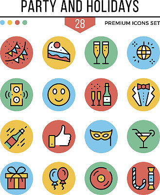 Party and holidays icons. Modern thin line icons set. Premium quality. Outline symbols, graphic elements, concepts, round flat line icons. Vector illustration