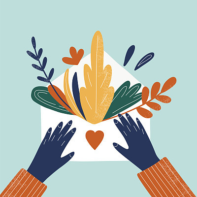 Hands holding letter with flowers and plants vector hand drawing print