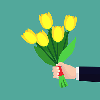 Arm holding vector colorful bouquet for woman.