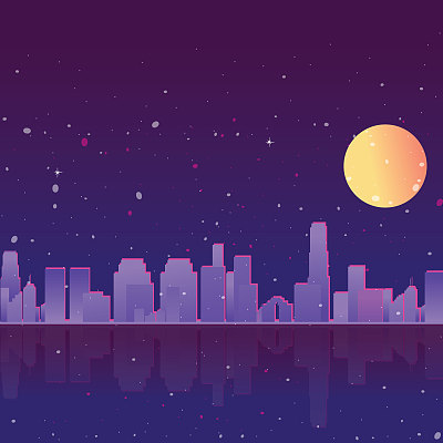 Neon city with moon, stars and ocean, vector illustration