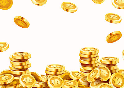 Falling coins, falling money, flying gold coins, golden rain. Jackpot or success concept. Modern background.