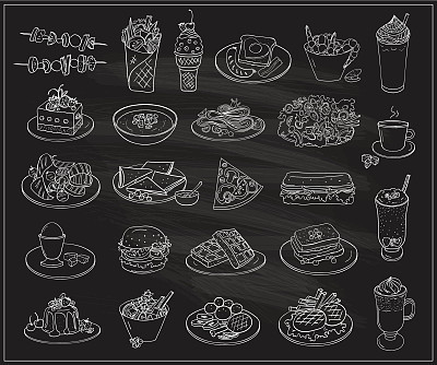 Hand drawn line graphic illustration of assorted food, desserts and drinks