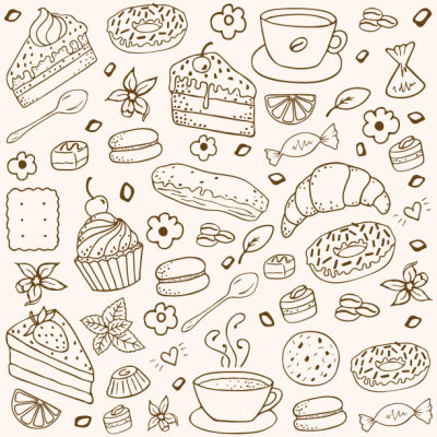 Doodle set - coffee, bakery  isolated on white background